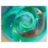 Artisan Glass Paperweight Set with Blue Floral Designs & Art Glass Bird Figurine