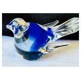 Artisan Glass Paperweight Set with Blue Floral Designs & Art Glass Bird Figurine