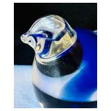 Artisan Glass Paperweight Set with Blue Floral Designs & Art Glass Bird Figurine