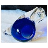 Artisan Glass Paperweight Set with Blue Floral Designs & Art Glass Bird Figurine