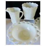 Vintage Milk Glass Hobnail and Grape Design Dish Set