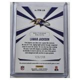 Lamar Jackson 2024 Panini Phoenix Franchise Future Materials Relic #FFM-LJN and Numbered 123/299 - Baltimore Ravens Football Card