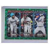 Luis Arraez, Ronald Acuna Jr., Freddie Freeman 2023 Topps Green Foil National League leaders #206 and Numbered 199/499