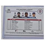 Luis Arraez, Ronald Acuna Jr., Freddie Freeman 2023 Topps Green Foil National League leaders #206 and Numbered 199/499