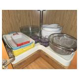 Assorted Kitchenware Collection: Baking Dishes, Mixing Bowls, Strainers
