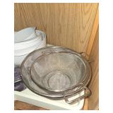 Assorted Kitchenware Collection: Baking Dishes, Mixing Bowls, Strainers