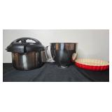 Set of Cooking Items: Pressure Cooker, Mixer Bowl, and Ceramic Tart Dish