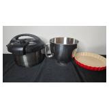 Set of Cooking Items: Pressure Cooker, Mixer Bowl, and Ceramic Tart Dish