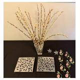 Decorative Set with Pewter Like Plaques, Glass Stars, and Floral Branches