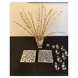 Decorative Set with Pewter Like Plaques, Glass Stars, and Floral Branches