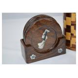 Lot of Wooden Vietnamese Coaster Set and Jewelry Boxes