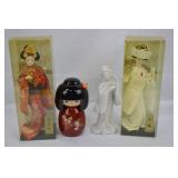 Japanese Kokeshi Doll and 3 Geisha Dolls