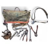 Vintage KLIEN Tool Bag with tools, pulleys, Brooks  Pole & Tree Climbers  & KLINE Tool Belt
