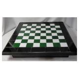 21" x 21"  Checker board/Chess set with green and white tiles. Board had pullout drawer that hold the included chess and checker pieces.