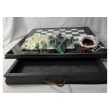 21" x 21"  Checker board/Chess set with green and white tiles. Board had pullout drawer that hold the included chess and checker pieces.