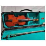 Vintage Small Cremona Fecit Anno Domini 19 Violin and Bow With Case .  Case is in great shape.