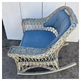 White Wicker Rocker Blue Padded Cushions