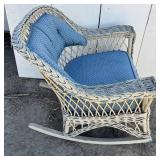 White Wicker Rocker Blue Padded Cushions