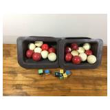 Vintage Bumper Pool Balls and 2 table collection units