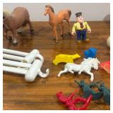 Misc. Toys - Farm animals, tiny cowboys, small fencing pieces
