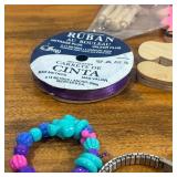 Lot Misc. - Ribbon, Craft Supplies, Twirl Drum Toy, Scarecrows on sticks