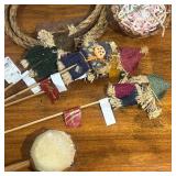 Lot Misc. - Ribbon, Craft Supplies, Twirl Drum Toy, Scarecrows on sticks