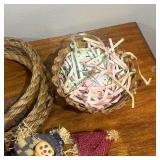 Lot Misc. - Ribbon, Craft Supplies, Twirl Drum Toy, Scarecrows on sticks