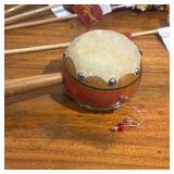 Lot Misc. - Ribbon, Craft Supplies, Twirl Drum Toy, Scarecrows on sticks