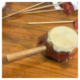 Lot Misc. - Ribbon, Craft Supplies, Twirl Drum Toy, Scarecrows on sticks