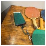 Lot of old Ping Pong Paddles and Net with bracket (only one bracket)
