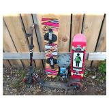 Set of 3 Sporting Items: Snowboard, Skateboard, and Scooter with Helmet