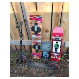 Set of 3 Sporting Items: Snowboard, Skateboard, and Scooter with Helmet