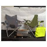 Collection of Camping Gear: Folding Chairs, Char-Broil Grill, and Bright Tote Bag