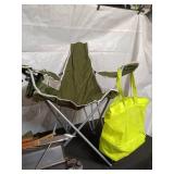Collection of Camping Gear: Folding Chairs, Char-Broil Grill, and Bright Tote Bag