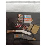 Assortment of Multi-Purpose Knives, Sharpening Stones and Vintage Hunting Knife