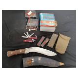 Assortment of Multi-Purpose Knives, Sharpening Stones and Vintage Hunting Knife