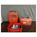 Vintage Boat Gas Cans and Red Tray with Grease Tubes
