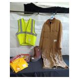 Assorted Workwear Including Carhartt Coveralls, Safety Vest, Boots, and Rain Suit