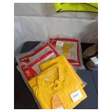 Assorted Workwear Including Carhartt Coveralls, Safety Vest, Boots, and Rain Suit