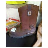 Assorted Workwear Including Carhartt Coveralls, Safety Vest, Boots, and Rain Suit