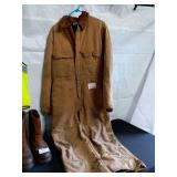 Assorted Workwear Including Carhartt Coveralls, Safety Vest, Boots, and Rain Suit