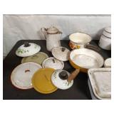 Collection of Vintage Enamel Kitchen Cookware and Accessories