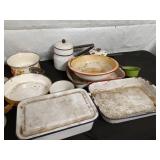 Collection of Vintage Enamel Kitchen Cookware and Accessories