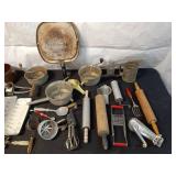 Vintage Kitchenware Collection with Wagner Ware Griddle, Pots, and Rolling Pins