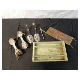 Vintage Metal Roller Skates and Shoe Stretchers with Wooden Tray