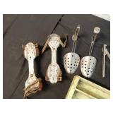 Vintage Metal Roller Skates and Shoe Stretchers with Wooden Tray
