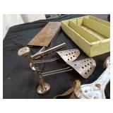 Vintage Metal Roller Skates and Shoe Stretchers with Wooden Tray