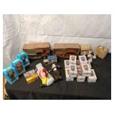 Assorted Vintage Clown Collectibles and Wooden Cars Set