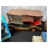 Assorted Vintage Clown Collectibles and Wooden Cars Set