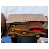 Assorted Vintage Clown Collectibles and Wooden Cars Set